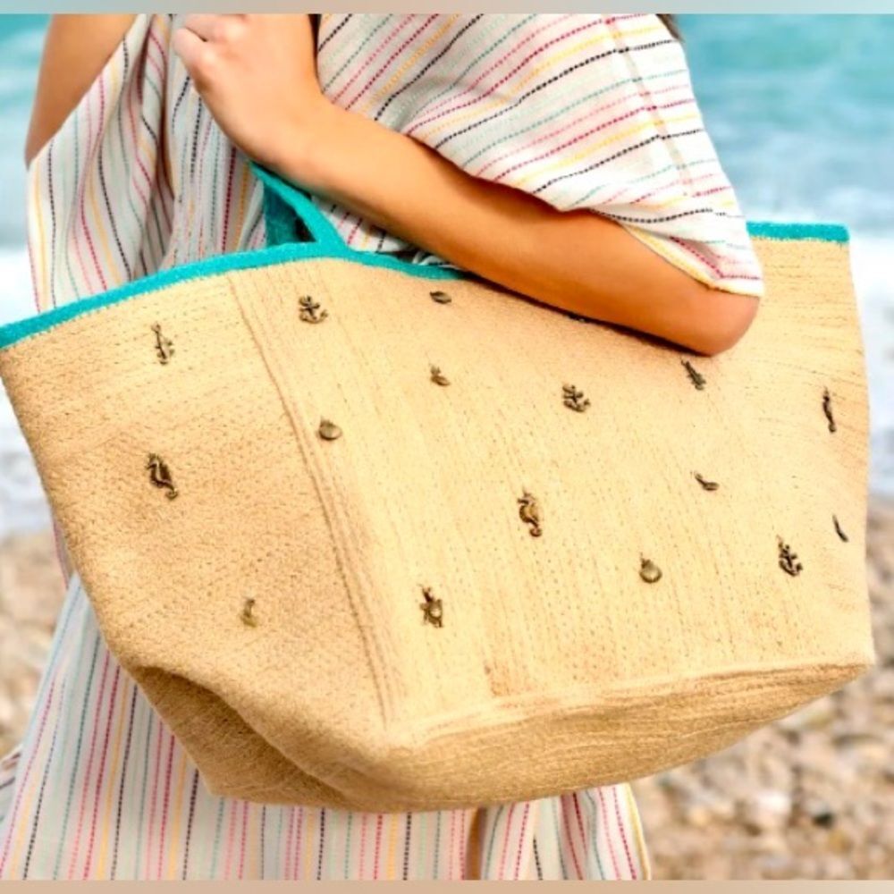 NEW Shiraleah Cici Natural Tote Bag Large Jute Sea Animal Charms Tan 22" x 12"